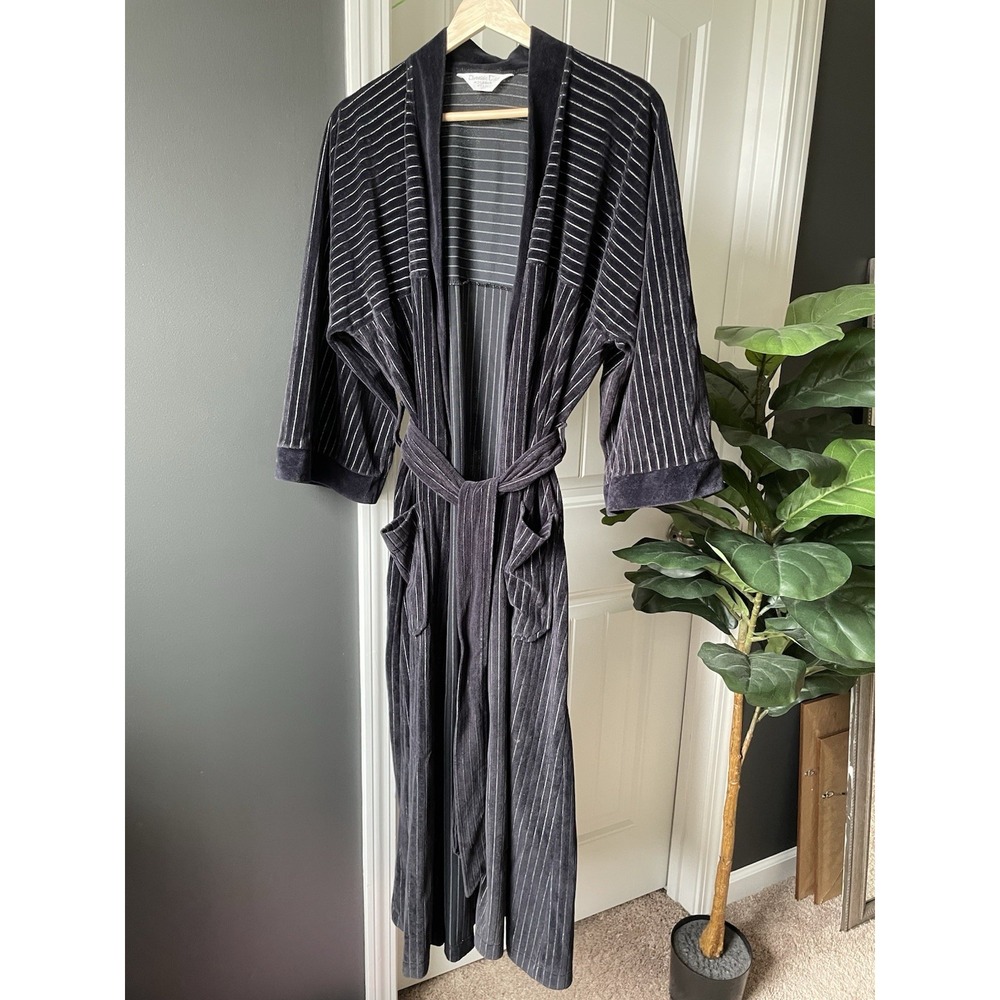 VTG Christian Dior Men's Pinstripe Velour Robe Black Gray Belted One Size *Flaw